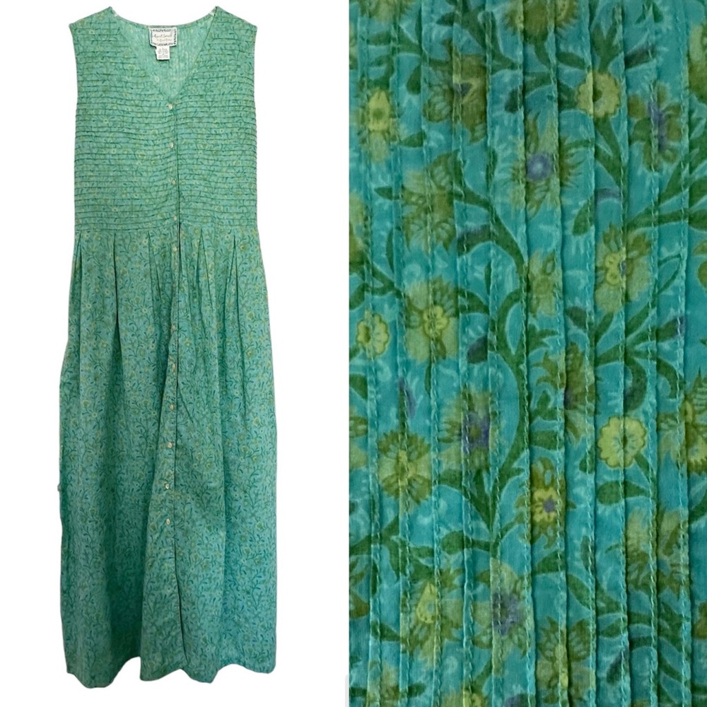 Vintage 90s April Cornell Pinktuck Floral Cotton Sleeveless Dress Size L